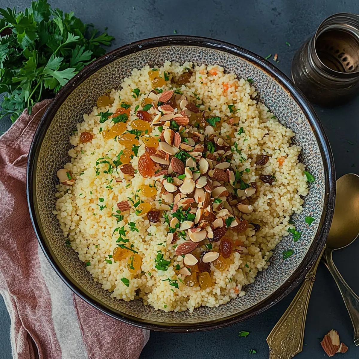 Savory Moroccan Couscous Pilaf with Sweet Raisins and Almonds