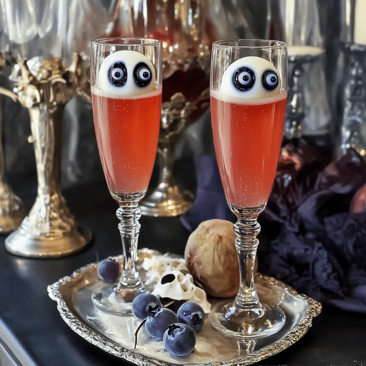 Delicious Halloween Mimosa with Spooky Eyeball Garnish