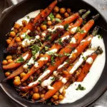 Spicy maple roast carrots with crispy chickpeas and yogurt sauce