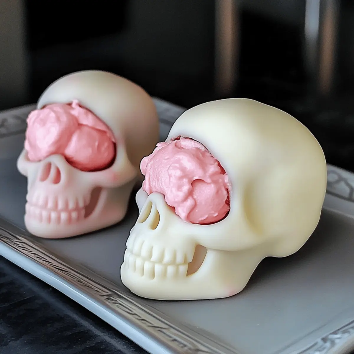 Spooky White Chocolate Skulls with Pink Mousse Brains Delight