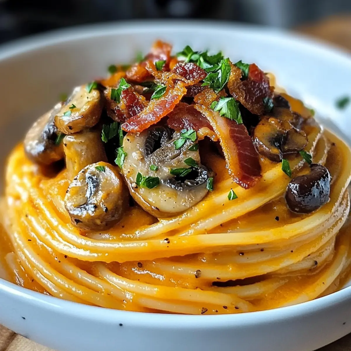 Creamy Pumpkin & Mushroom Spaghetti with Crispy Bacon Bliss