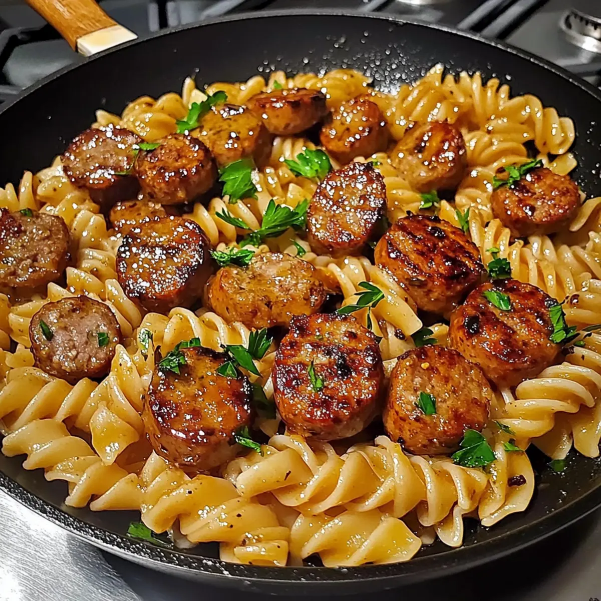 Delicious Sticky Honey Garlic Sausage Pasta Skillet in 25 Min