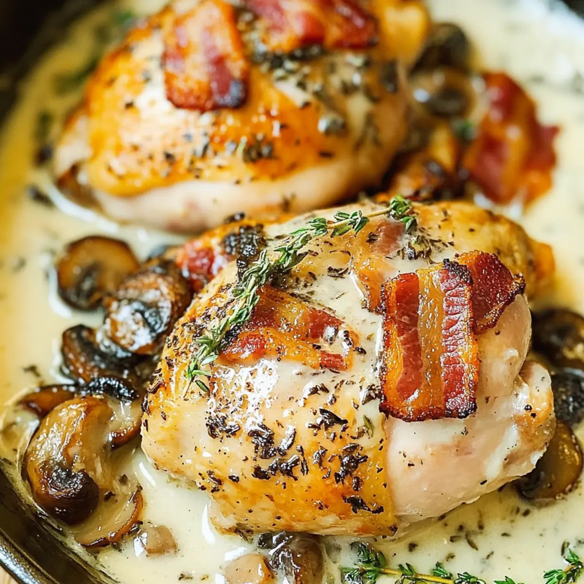 Chicken Thighs with Creamy Bacon Mushroom Bliss for Dinner