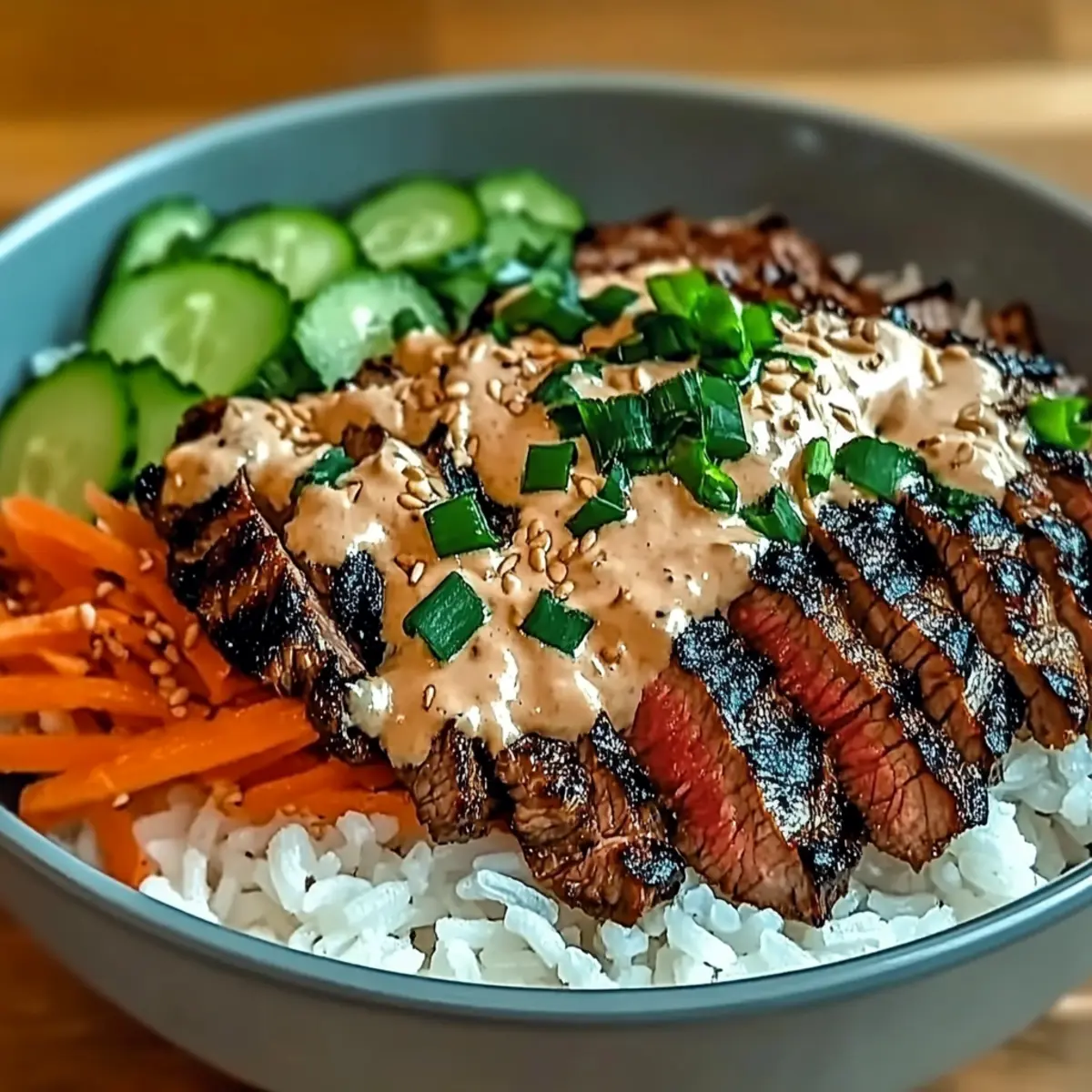 Korean BBQ Steak Rice Bowls with Spicy Cream Sauce Delight