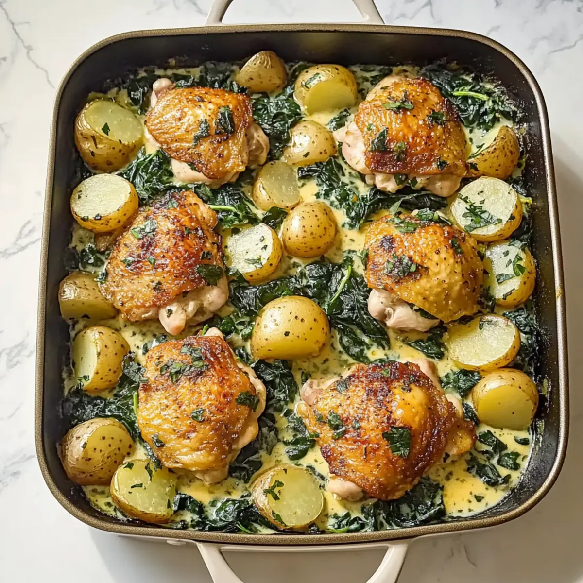 One-Pan Chicken and Potatoes with Garlic Parmesan Cream Sauce