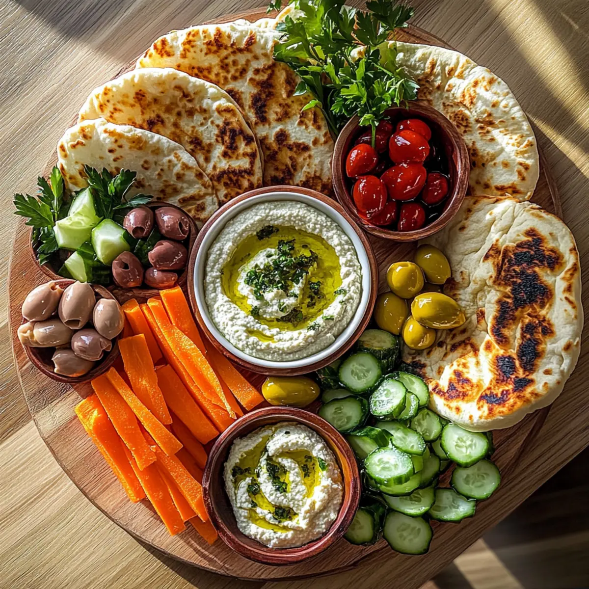 Mediterranean Brunch Boards with 3 Dips and Flatbreads Delight