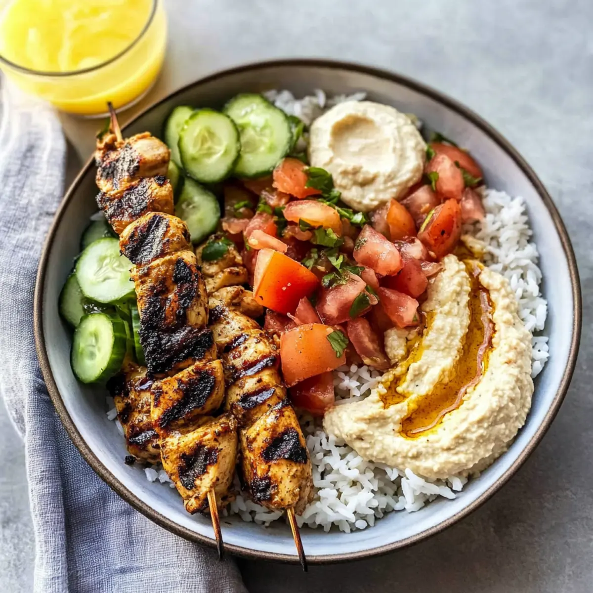 Mediterranean Rice Bowl with Grilled Chicken Tawook Skewers Bliss