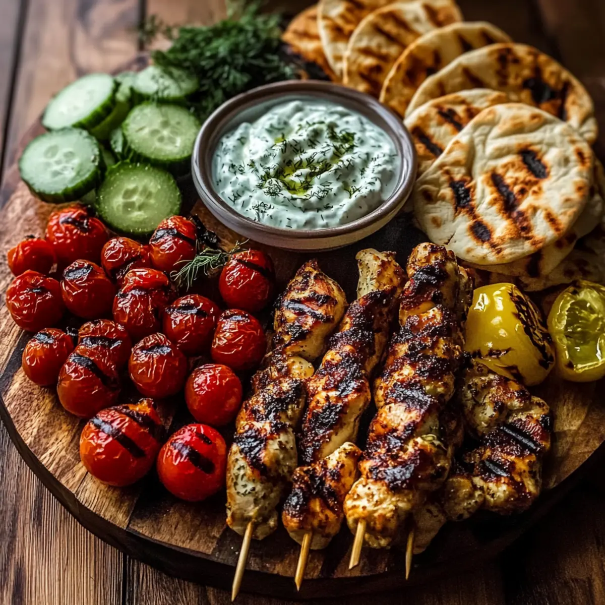 Greek Chicken Souvlaki Grazing Board with Feta Dip Delight