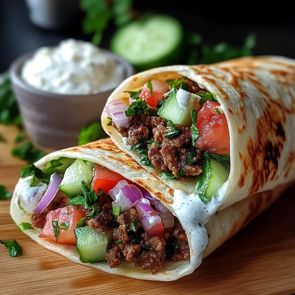 Quick and Flavorful Greek Beef Wraps with Garlic Yogurt Sauce