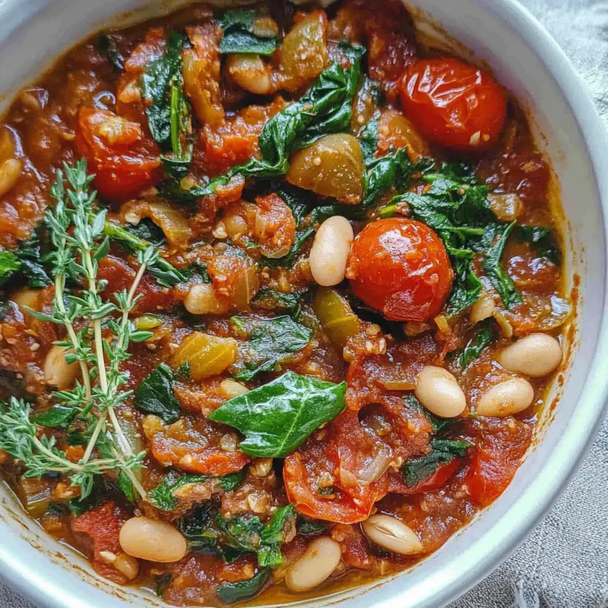 Hearty Roasted Tomato, White Bean and Spinach Stew Delight