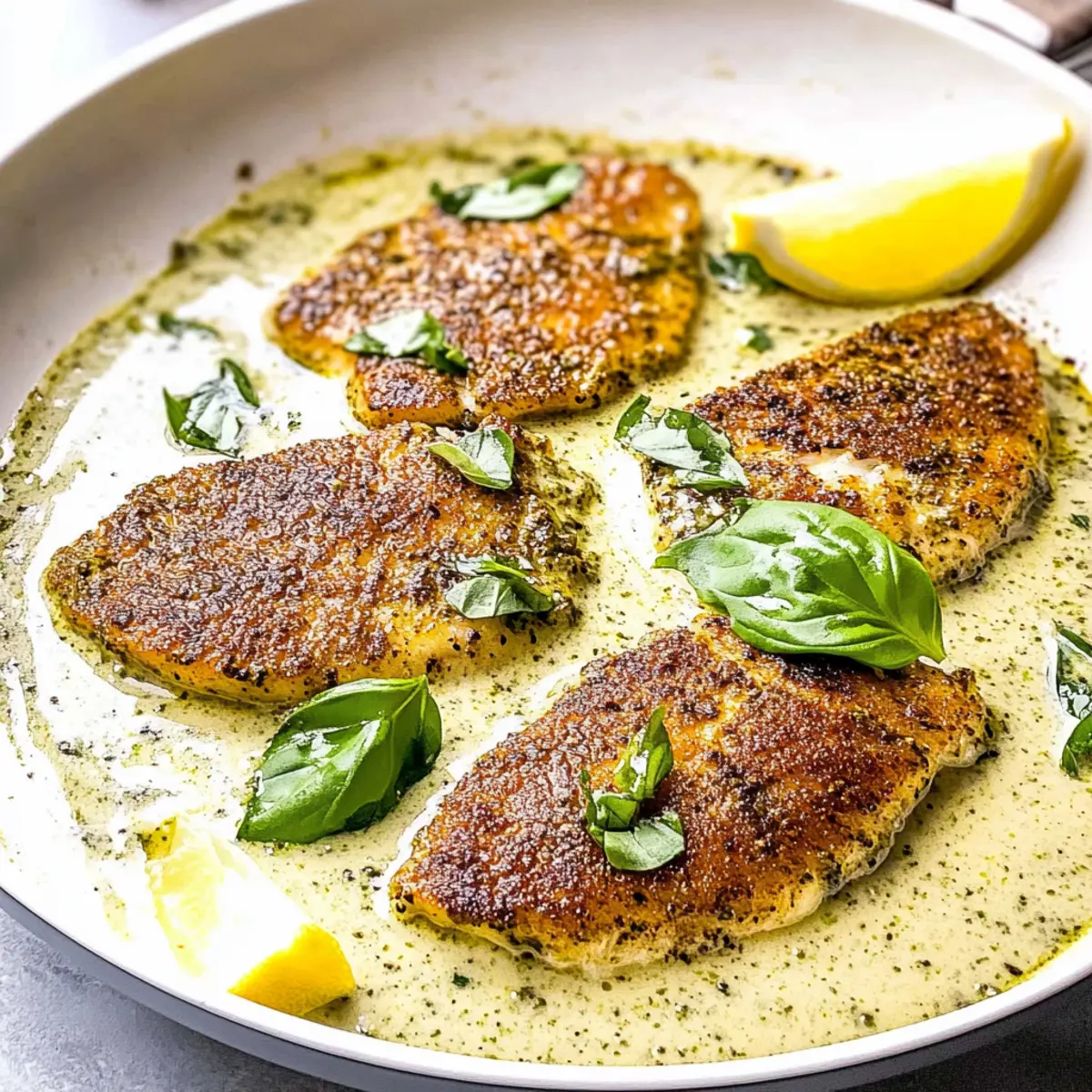 Savor Pan Fried Tilapia Bathed in Pesto Cream Sauce Tonight
