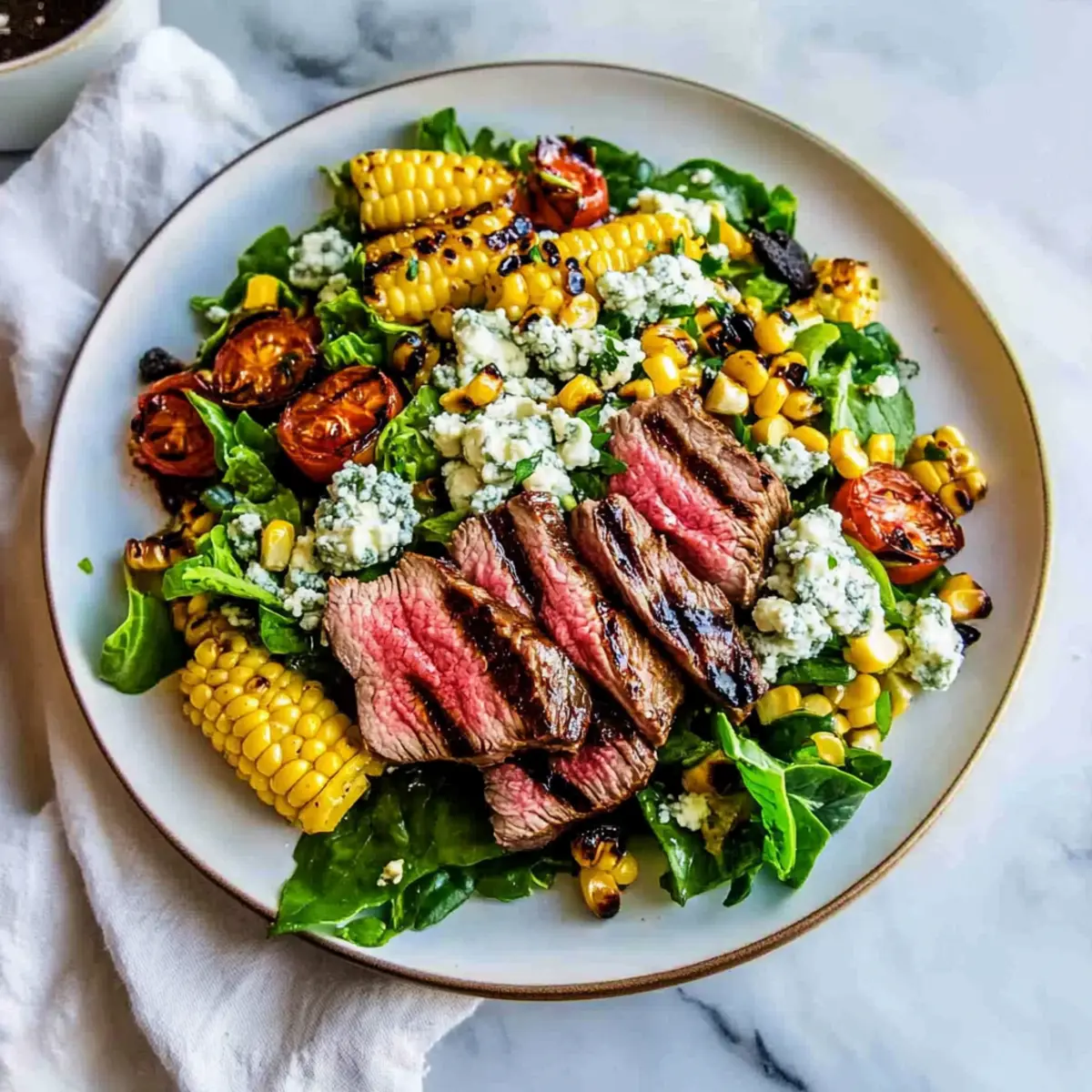 Balsamic Steak Gorgonzola Salad with Grilled Corn Delight