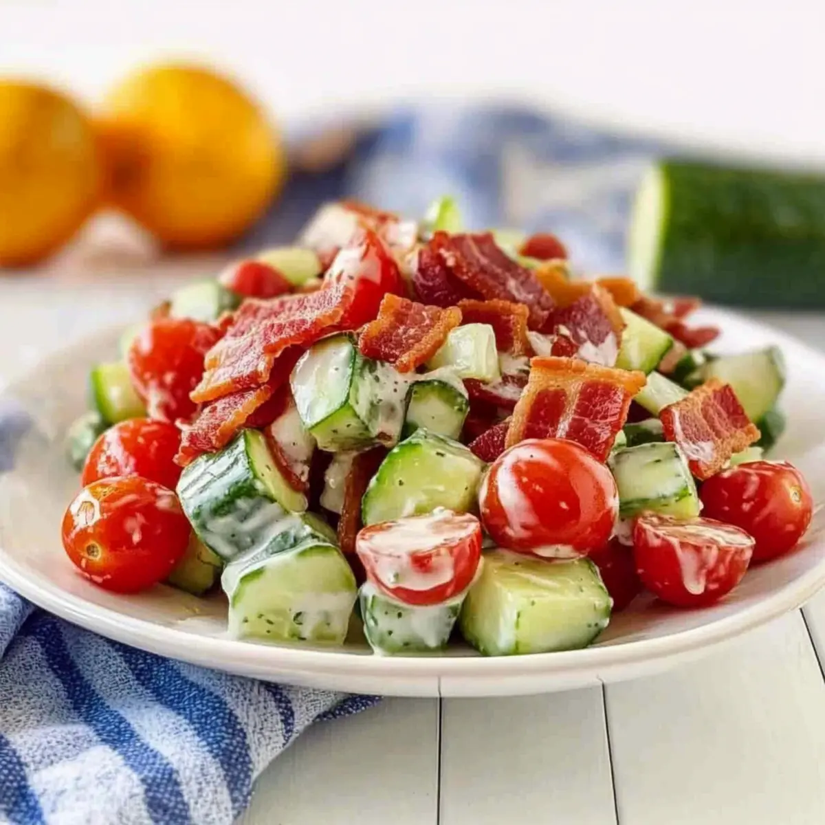 Refreshing Cucumber Tomato Salad with Crispy Bacon Twist