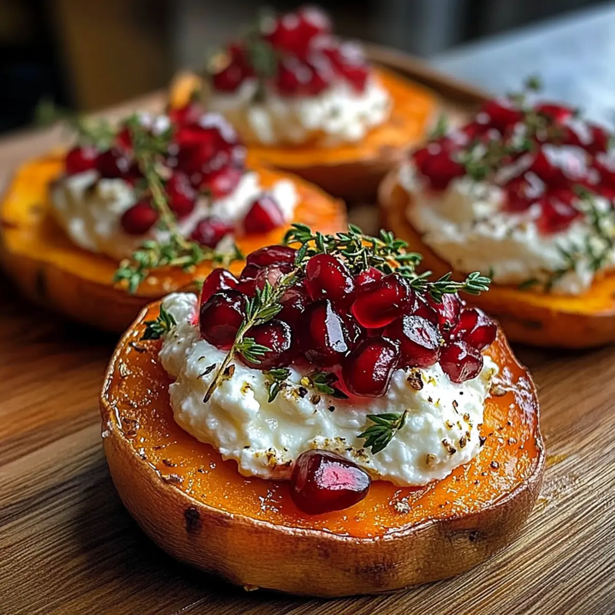 Whipped Goat Cheese Sweet Potato Rounds with Pomegranate Delight