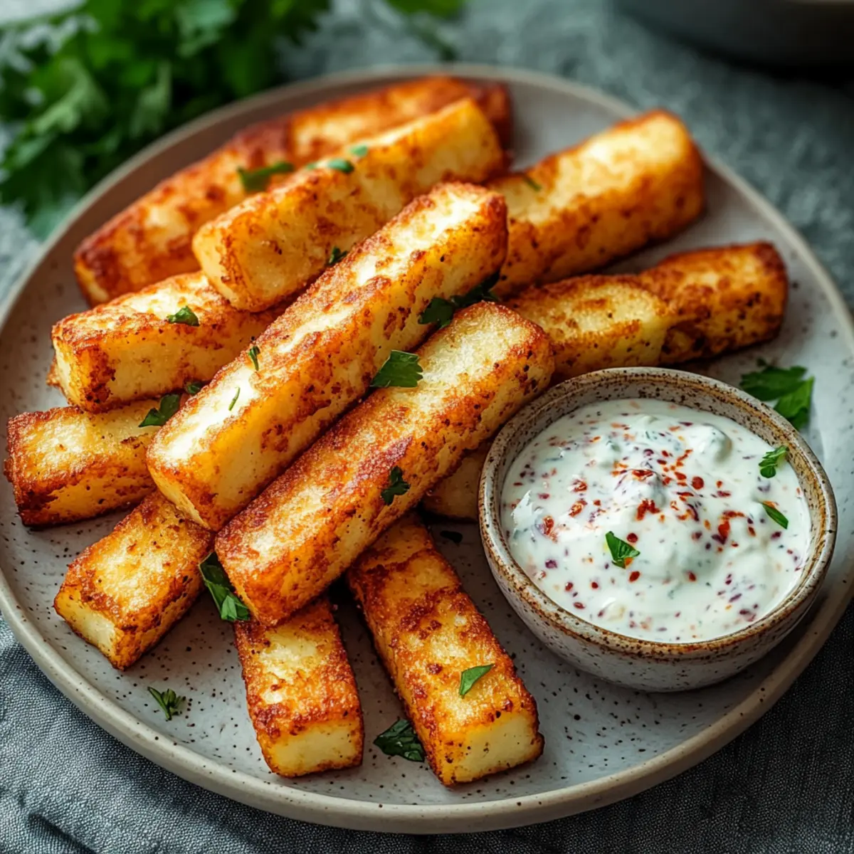 Crispy Air-Fried Halloumi Fries with Spicy Yogurt Dip Delight