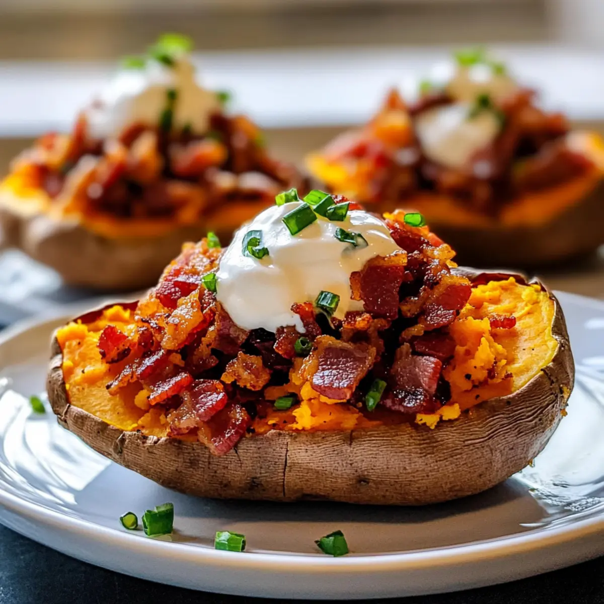 Loaded Baked Sweet Potatoes with Beef Bacon & Sour Cream Bliss